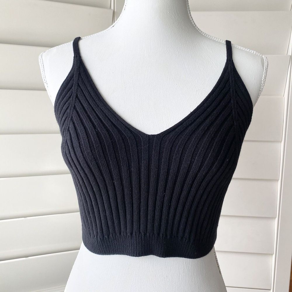 Free People Womens XL Large  Knit Crop Top V-Neck Spaghetti Strap Black OB504621